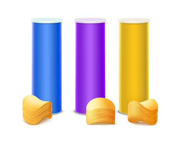 Set paars blauw geel tinnen doos met Chips — Stockvector