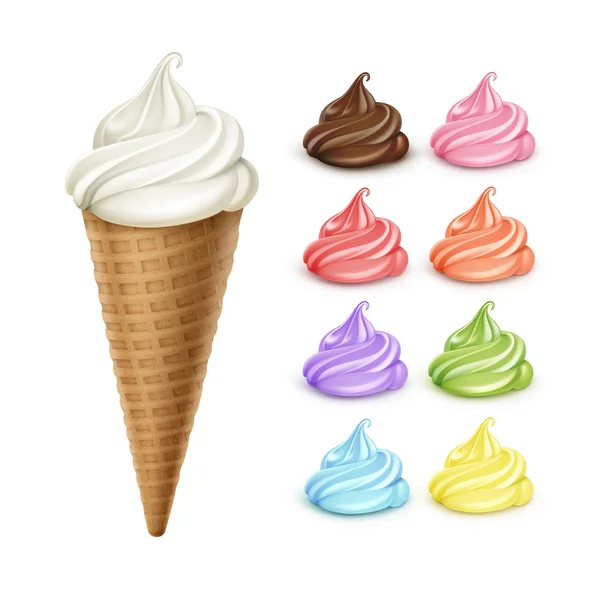 Conjunto de Cono de gofre de helado de colores en el fondo — Archivo Imágenes Vectoriales