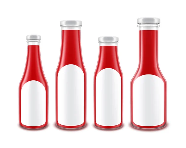 Lot de Bouteilles de Ketchup aux tomates rouges avec étiquettes — Image vectorielle