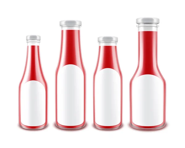 Ensemble de bouteilles de ketchup rouge avec étiquettes blanches — Image vectorielle