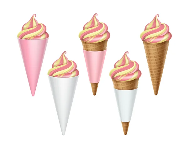 Conjunto de helado colorido Cono de gofre aislado — Vector de stock