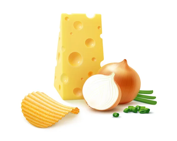 Peynir ve soğan izole dalgalanma cips — Stok Vektör