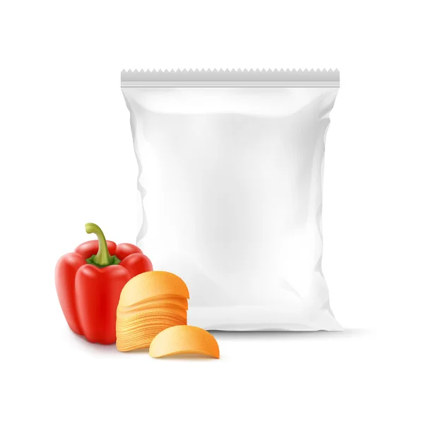 Stack of Potato Chips with Paprika and Foil Bag — Stock Vector