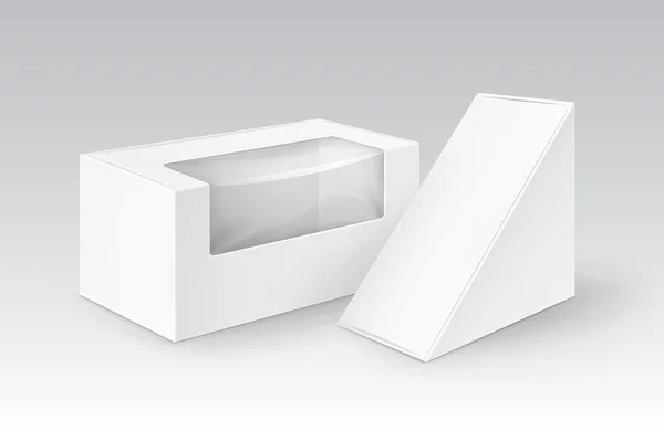 Vector conjunto de blanco en blanco cartón rectángulo triángulo llevar cajas de embalaje para sándwich, comida, regalo, otros productos con ventana de plástico Mock up primer plano aislado sobre fondo blanco — Vector de stock