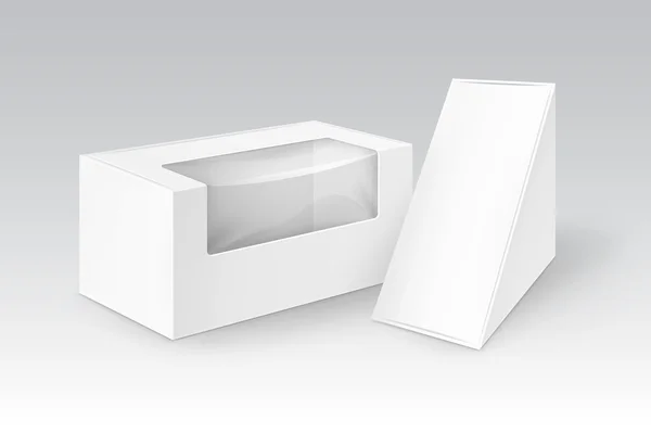 Vector conjunto de blanco en blanco cartón rectángulo triángulo llevar cajas de embalaje para sándwich, comida, regalo, otros productos con ventana de plástico Mock up primer plano aislado sobre fondo blanco — Archivo Imágenes Vectoriales