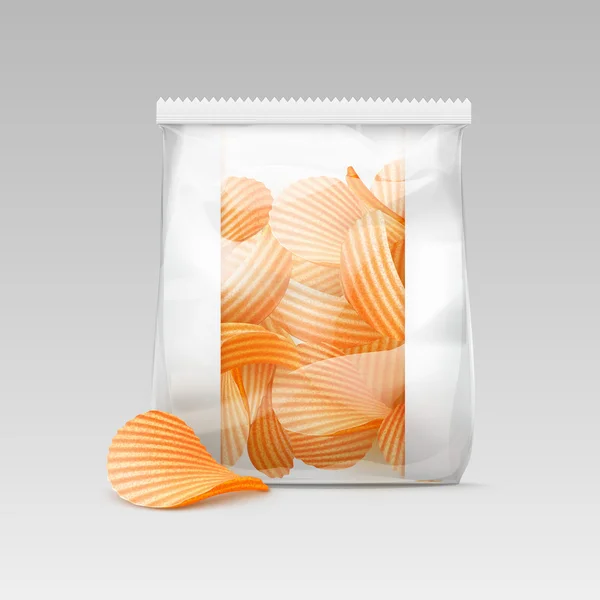 Saco plástico selado branco com batatas fritas crocantes — Vetor de Stock