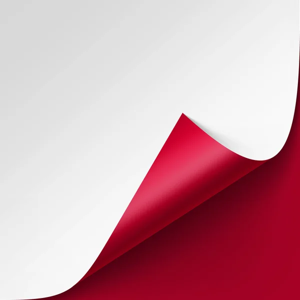 赤い背景に分離されたシャドウモックアップを持つホワイトペーパーのベクトルカールコーナー — ストックベクタ
