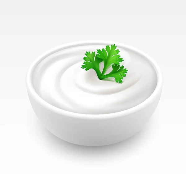 Bowl van zure roomsaus mayonaise met groene peterselie geïsoleerd — Stockvector