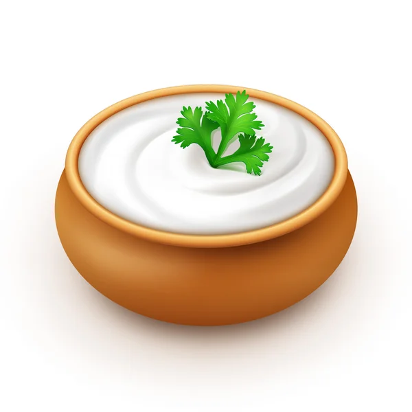 Pote cerâmico de molho de creme de leite com salsa Close-up —  Vetores de Stock