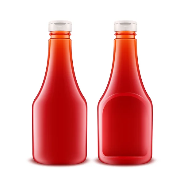 Sada prázdných skleněných plastových červených rajčatových lahví láhev na značku bez popisku izolované na bílém pozadí — Stockový vektor
