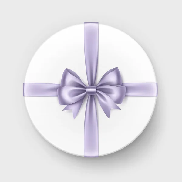 Vector witte ronde Gift Box met glanzend licht paars Lila Satin Bow en lint Top View close-up geïsoleerd op achtergrond — Stockvector