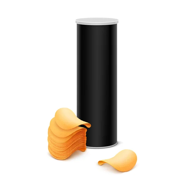 Tube de récipient de boîte d'étain noir vectoriel pour la conception de paquet avec la pile de croustilles de pomme de terre Fermer Isolé sur fond blanc — Image vectorielle