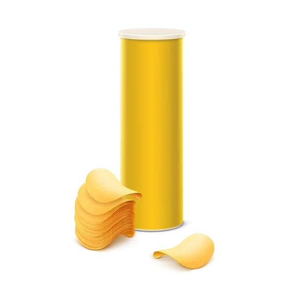 Жовта олов'яна коробка контейнерна трубка для дизайну упаковки зі стеком картопляних хрустких чіпсів крупним планом ізольовані на білому тлі — стоковий вектор
