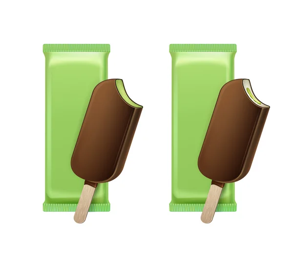 Kiwi Pistache Mordu Popsicle Choc-glace Sucette Crème glacée en glaçage sur bâton avec remplissage avec feuille verte Wrapper — Image vectorielle