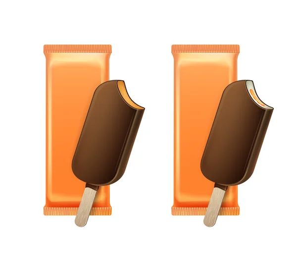 Karamel ijs Popsicle in chocolade glazuur op Stick met vulling met oranje folie voor Branding pakketontwerp gebeten — Stockvector