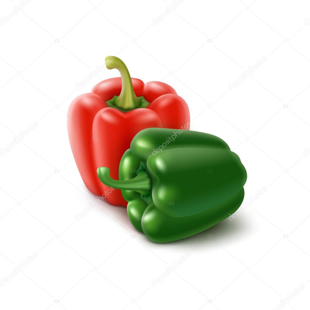 Two Colored Green and Red Sweet Bulgarian Bell Peppers, Paprika Isolated on White Background