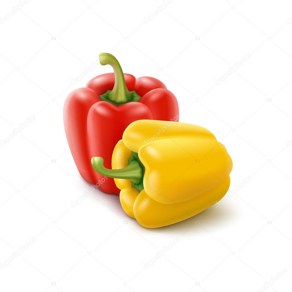 Two Colored Yellow and Red Sweet Bulgarian Bell Peppers, Paprika Isolated on White Background