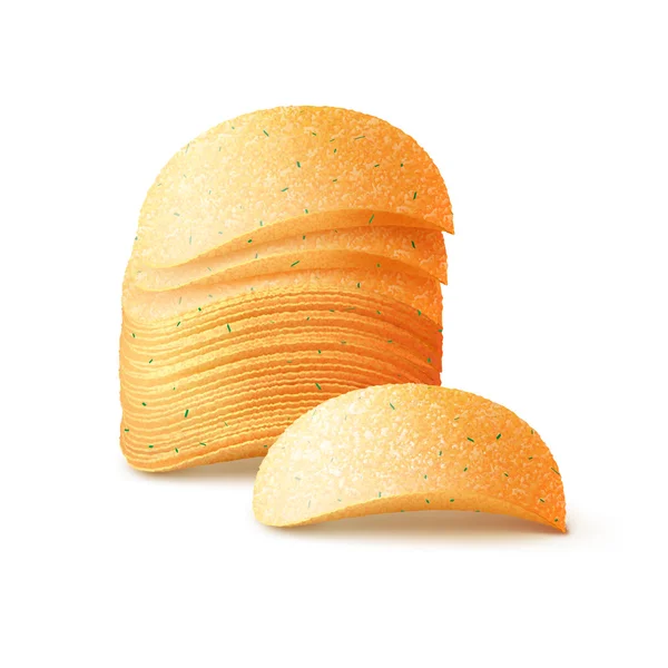 Pila de patatas chips crujientes primer plano aislado sobre fondo blanco — Vector de stock