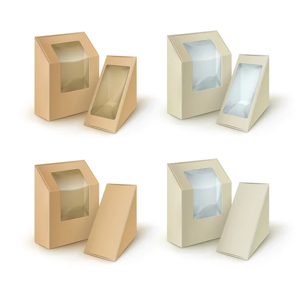 Ensemble vectoriel de boîtes rectangle rectangle en carton blanc brun Emballage pour sandwich, nourriture, cadeau, autres produits avec fenêtre en plastique Maquette Fermer Isolé sur fond blanc — Image vectorielle