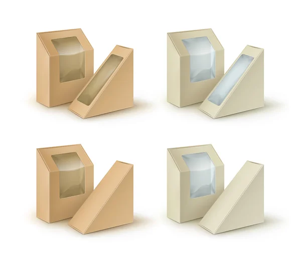 Ensemble vectoriel de boîtes rectangle rectangle en carton blanc brun Emballage pour sandwich, nourriture, cadeau, autres produits avec fenêtre en plastique Maquette Fermer Isolé sur fond blanc — Image vectorielle