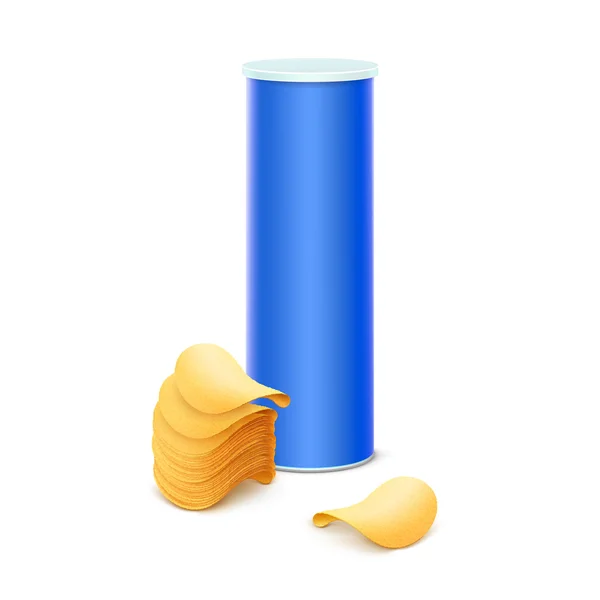 Blue Tin Box with Stack of Potato Crispy Chips Isolated — Stock vektor