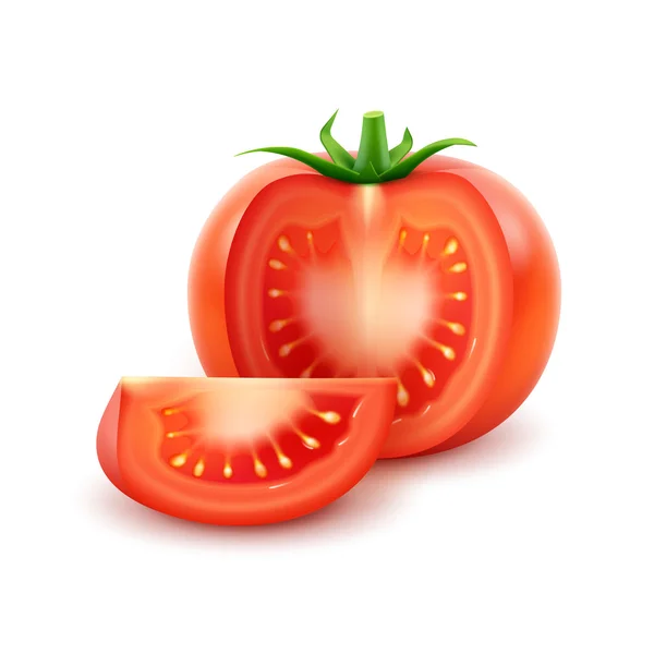 Big Ripe Red Fresh Cut Tomat di White Background - Stok Vektor