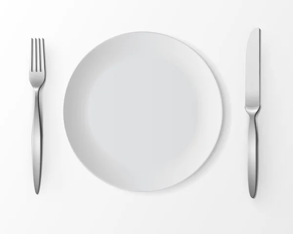 White Empty Round Plate with Fork and Knife on Background — Stock vektor