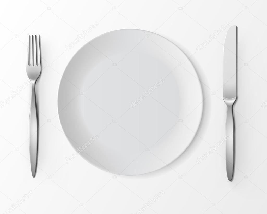 White Empty Round Plate with Fork and Knife on Background