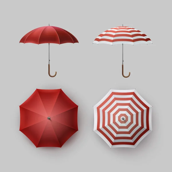 Set of White Red Striped Rain Umbrella Sunshade — Stock Vector