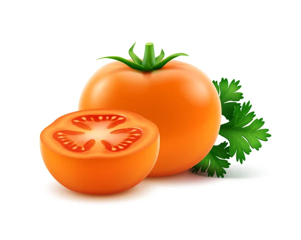 Velké zralé oranžové čerstvé řezané celá rajčata s petrželkou izolovaná — Stockový vektor