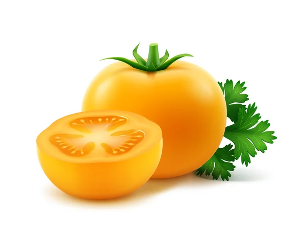 (Inggris) Yellow Cut Whole Tomatoes with parsley Isolated on White Background - Stok Vektor