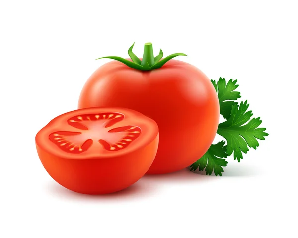 Red gesneden hele tomaten met peterselie close-up op achtergrond — Stockvector