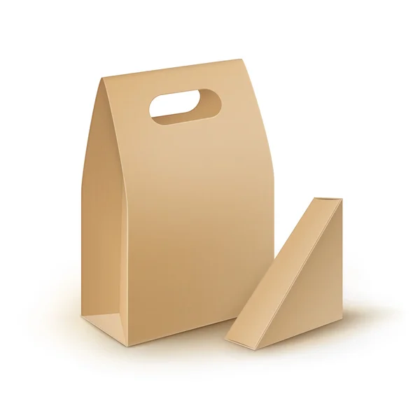 Conjunto vectorial de triángulo de cartón en blanco marrón llevar manejar cajas de almuerzo Embalaje para sándwich, comida, regalo, otros productos Mock up Close up Aislado sobre fondo blanco — Archivo Imágenes Vectoriales