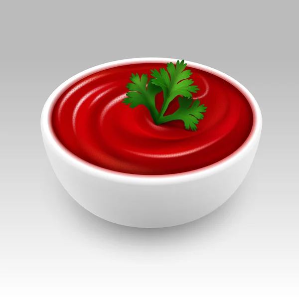 Cuenco blanco de salsa de tomate rojo Ketchup con perejil verde — Vector de stock