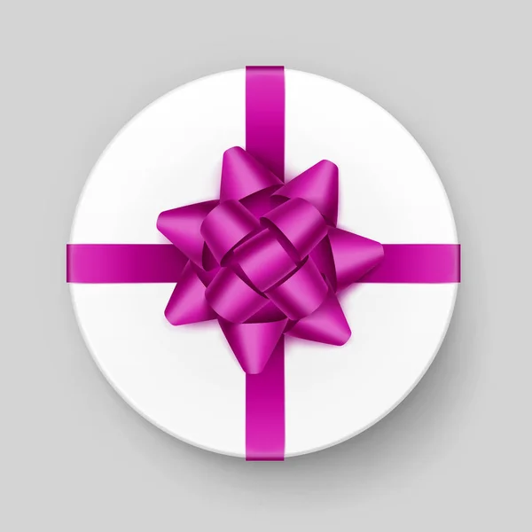 Vector witte ronde Gift Box met glanzende Magenta donker roze pijl en boog lint Top View close-up op achtergrond — Stockvector