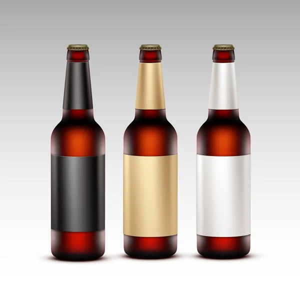 Set de Botellas Marrón Transparentes de Vidrio en Blanco Cerrado Cerveza Oscura — Vector de stock