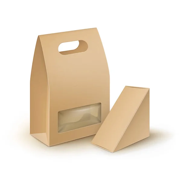 Ayarla, Brown boş karton dikdörtgen üçgen almak uzakta başa öğle yemeği kutuları ambalaj için sandviç, gıda, Hediyelik, diğer ürünleri plastik pencere alay Isolated beyaz zemin üzerine kadar yakından ile vektör — Stok Vektör
