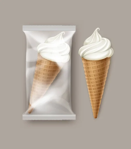 Vector White Classic Soft Serve Ice Cream Waffle Cone avec pellicule en plastique transparente pour la conception de l'emballage de marque Fermer Isolé sur fond blanc — Image vectorielle