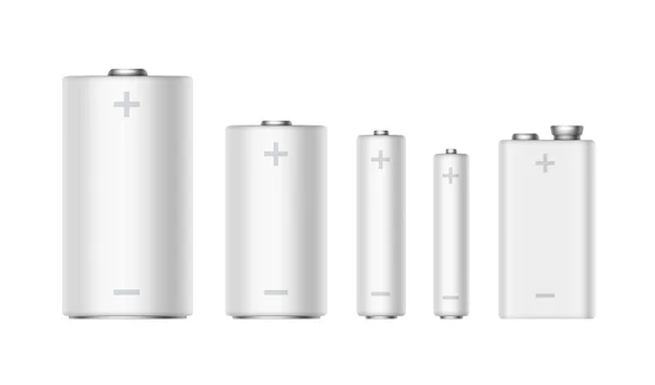 Conjunto de baterías alcalinas brillantes blancas de tamaño difrente AAA, AA, C, D, PP3 y 9 voltios sobre fondo blanco — Vector de stock