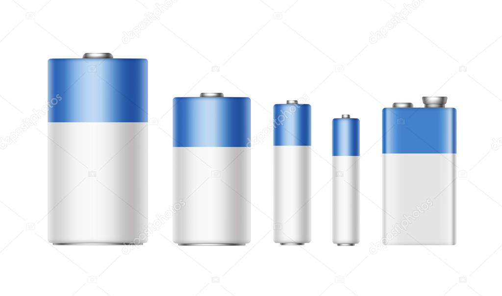 White Blue Glossy Alkaline Batteries Of Diffrent size AAA, AA, C, D, PP3 and 9 Volt Battery for branding Close up