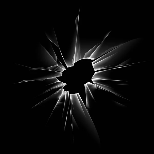 Transparentní rozbil Crack skleněné okno s ostrými hranami a díry po kulkách zblízka izolovaná na tmavém pozadí černé — Stockový vektor
