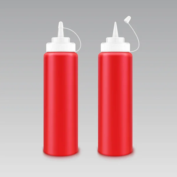 Set vettoriale di bottiglia bianca di plastica bianca di pomodoro rosso ketchup per il marchio senza etichetta su sfondo bianco — Vettoriale Stock