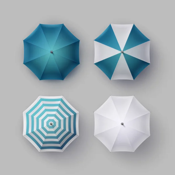 Set of White Blue Striped Opened Round Rain Umbrella Sunshade — Stock Vector