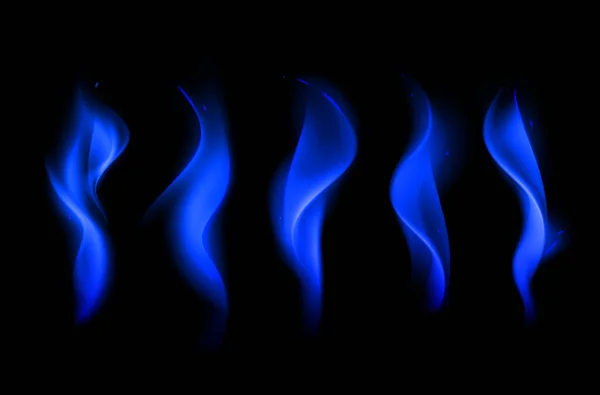 Conjunto de diferentes llamas de fuego azul en el fondo — Vector de stock