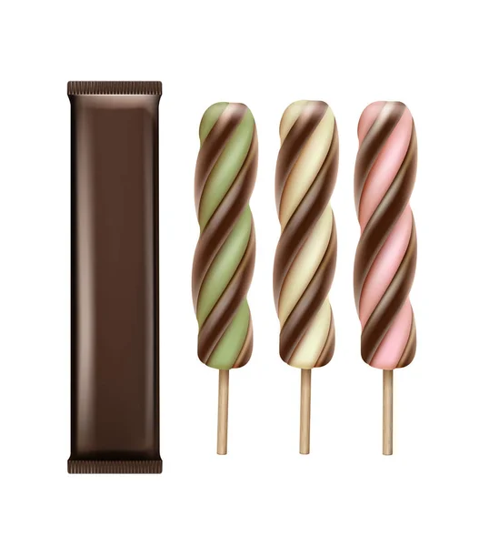 Conjunto de helado espiral de chocolate de vainilla en palo — Archivo Imágenes Vectoriales
