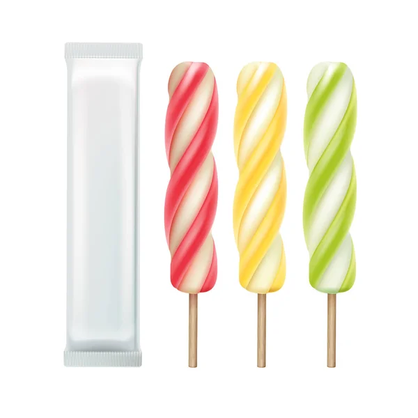 Set med Popsicle Lollipop på pinne med folie — Stock vektor