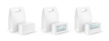 Ayarla, beyaz boş karton dikdörtgen almak uzakta ele öğle kutular ambalaj için sandviç, gıda, Hediyelik, diğer ürünleri plastik pencere sahte Isolated beyaz zemin üzerine kadar yakından ile vektör
