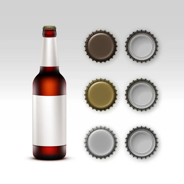 Vector  Closed Blank Glass Transparent Brown Bottle of  Dark Red Beer with  White label and Set of Caps of Different Color Side Top Back View for Branding Close up Isolated on White Background — Stock Vector