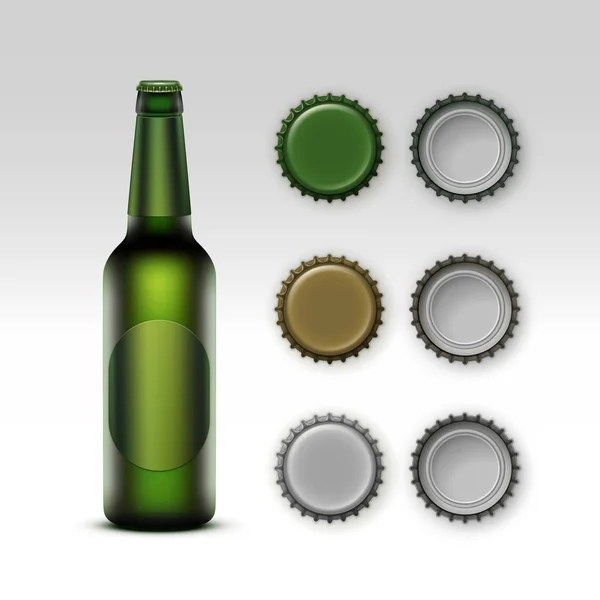 Vektor geschlossenes Blankoglas transparente grüne Flasche helles Bier mit grünem Etikett und Satz Verschlüsse unterschiedlicher Farbe von der Oberseite Rückseite für Branding close up isoliert auf weißem Hintergrund — Stockvektor