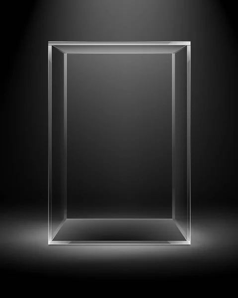 Vector vacío caja de vidrio transparente rectángulo cubo aislado sobre fondo negro oscuro con luz de fondo — Vector de stock